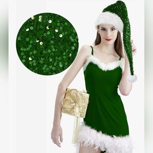 🩵NWOT Dark Green Sequin Long Unisex Santa Hat - Picture 1 of 8